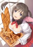  :d baguette basket blush bow bowtie braid bread breasts brown_hair carrying cleavage croissant downblouse food frilled_sleeves frills from_above fur_collar fur_trim hair_intakes highres indoors large_breasts layered_skirt long_hair long_sleeves looking_at_viewer looking_up neris_(shining_hearts) open_mouth red_bow red_neckwear red_skirt round_teeth shining_(series) shining_hearts shining_world shirt skirt smile solo tanaka_takayuki teeth twin_braids white_shirt window 
