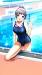  1girl :d bare_arms bare_legs blue_one-piece_swimsuit breasts brown_hair collarbone day doukyuusei_another_world game_cg head_tilt headband kakyuusei looking_at_viewer medium_breasts official_art on_one_knee one-piece_swimsuit open_mouth outdoors poolside red_eyes school_swimsuit smile solo sparkle swimsuit updo waving white_headband yuuki_mizuho 