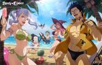  2boys 3girls abs absurdres asta_(black_clover) beach bikini black_clover black_clover_m:_rise_of_the_wizard_king black_hair blindfold blue_shorts blue_sky braid breasts brown_bikini charmy_pappitson copyright_name crab day eyewear_on_headwear food fruit grey_hair hat highres holding holding_food holding_ice_cream holding_surfboard ice_cream large_breasts lens_flare long_hair looking_at_viewer male_swimwear multiple_boys multiple_girls muscular muscular_male noelle_silva official_alternate_costume official_art open_clothes open_mouth open_shirt outdoors palm_tree pink_hair purple_eyes red_bikini red_headwear sand secre_swallowtail shirt short_hair short_twintails shorts sky spiked_hair surfboard swim_briefs swimsuit teeth tree twin_braids twintails upper_teeth_only vanessa_enoteca water watermelon witch_hat yami_sukehiro yellow_shirt 