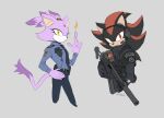  1boy 1girl animal_ears assault_rifle black_fur black_necktie blaze_the_cat blue_shirt bulletproof_vest cat_ears cat_girl cat_tail endjfcar eyelashes fire forehead_jewel furry furry_female furry_male grey_background gun hand_on_own_hip highres necktie pants police police_uniform ponytail purple_fur red_eyes red_fur rifle shadow_the_hedgehog shirt simple_background sketch sonic_(series) tail uniform weapon yellow_eyes 