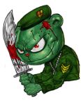 anthro bear beret blood bodily_fluids camo camo_clothing camo_print camo_shirt camo_topwear clothing dog_tags evil_grin flippy_(htf) fliqpy_(htf) fur green_body green_fur happy_tree_friends hat headgear headwear machete male mammal melee_weapon pattern_clothing pattern_shirt pattern_topwear shirt smile solo suarezart topwear uniform weapon