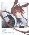  1girl amiya_(arknights) animal_ear_fluff animal_ears arknights ascot ayami_chan_0122 black_jacket blue_ascot blue_eyes brown_hair closed_mouth commentary crown dated english_text eyes_visible_through_hair frilled_ascot frills hair_between_eyes highres hood hood_down hooded_jacket jacket jewelry long_hair long_sleeves looking_at_viewer multiple_rings neck_ring open_clothes open_jacket photo_(object) rabbit_ears ring smile solo symbol-only_commentary upper_body very_long_hair 