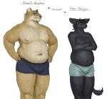 2022 aiden_belyaev_(cettus) anthro belly black_body black_fur briefs briefs_only cettus clothed clothing crossed_arms domestic_cat duo english_text eye_contact felid feline felis fur hands_on_hips hi_res kliment_glazkov looking_at_another male mammal navel nipples overweight overweight_anthro overweight_male partially_clothed saber-toothed_tiger simple_background size_difference standing tail teeth text topless topless_male underwear underwear_only white_background yellow_body yellow_fur