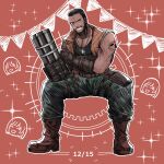  1boy barret_wallace beard black_hair black_shirt boots brown_background brown_footwear brown_vest dark-skinned_male dark_skin dated dog_tags facial_hair final_fantasy final_fantasy_vii final_fantasy_vii_remake fingerless_gloves gloves green_pants grin happy_birthday highres male_focus marlene_wallace muscular muscular_male nnnmmg0725 pants pectorals prosthetic_weapon shirt short_hair shoulder_tattoo smile solo sparkle squatting tank_top tattoo teeth thigh_strap very_short_hair vest 