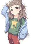  1girl arm_up blue_jacket blunt_bangs blush breasts brown_hair character_name closed_mouth collarbone cowboy_shot dot_nose green_shirt hair_bun hand_in_pocket hand_on_own_head idolmaster idolmaster_cinderella_girls idolmaster_cinderella_girls_starlight_stage jacket kamiya_nao kuresuku_(lessons) long_hair long_sleeves medium_breasts open_clothes open_jacket pants red_eyes red_pants shirt shy simple_background single_hair_bun single_off_shoulder solo standing sweatdrop thick_eyebrows white_background 