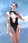  arm_at_side bare_arms bare_legs bare_shoulders black_swimsuit blue_sky breasts cleavage cleavage_cutout cloud contrapposto cowboy_shot dappled_sunlight day grey_eyes groin half-closed_eyes hand_up head_tilt large_breasts long_hair looking_at_viewer one-piece_swimsuit original outdoors sgk silver_hair sky solo standing sunlight swimsuit thigh_gap 