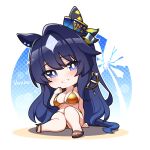  1girl animal_ears bikini black_hair blue_eyes blush breasts character_name chibi cleavage full_body gold_bikini grin highres horse_ears horse_girl large_breasts long_hair looking_at_viewer sandals smile solo swimsuit umamusume verxina_(umamusume) warashi white_hair 