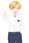  1boy absurdres blonde_hair blue_eyes blue_pants clannad collared_shirt commentary_request cowboy_shot eyes_visible_through_hair grin hair_between_eyes hand_in_pocket hand_up highres hikarizaka_private_high_school_uniform long_sleeves looking_at_viewer otou_(otou_san) pants school_uniform shirt short_hair smile solo standing sunohara_youhei thumbs_up v-shaped_eyebrows white_shirt 