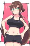  1girl absurdres aile_(mega_man_zx) black_shorts black_sports_bra blush breasts brown_hair buzzlyears collarbone flying_sweatdrops green_eyes highres large_breasts long_hair looking_at_viewer mega_man_(series) mega_man_zx short_shorts shorts solo sports_bra sweat 