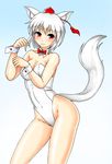  animal_ears bare_legs bare_shoulders blush bow bowtie breasts cleavage detached_collar gradient gradient_background hat inubashiri_momiji kudou_(ooabareteng) large_breasts leotard looking_at_viewer playboy_bunny_leotard red_eyes short_hair silver_hair solo tail tokin_hat touhou wolf_ears wolf_tail wrist_cuffs 