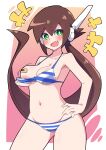  +++ 1girl absurdres aile_(mega_man_zx) bandaid bandaids_on_nipples bikini bikini_pull blue_bikini blush breasts brown_hair buzzlyears clothes_pull collarbone fang green_eyes hand_on_own_hip highres large_breasts long_hair looking_at_viewer mega_man_(series) mega_man_zx multicolored_bikini multicolored_clothes open_mouth pasties smile solo striped striped_bikini swimsuit white_bikini 