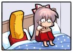  1girl bed_sheet bow chibi closed_mouth commentary fujiwara_no_mokou hair_between_eyes hair_bow jokanhiyou knees knees_up long_hair lowres no_nose on_bed pants pillow pink_hair red_bow red_pants shirt sitting suspenders symbol-only_commentary touhou two-tone_bow very_long_hair white_bow white_shirt 