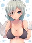 bare_shoulders bikini_top black_bikini_top blue_eyes blurry breasts cleavage closed_mouth collarbone depth_of_field dyson_(edaokunnsaikouya) eyelashes gloves hair_ornament hair_over_one_eye hairclip hamakaze_(kantai_collection) kantai_collection large_breasts looking_at_viewer short_hair silver_hair simple_background solo tareme wavy_mouth white_background white_gloves 