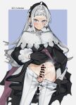  1girl arknights bar_censor black_gloves blue_background blush censored closed_mouth clothes_lift clothes_pull cowboy_shot cum cum_on_clothes cum_on_penis earrings erection futanari gloves grey_eyes grey_hair highres irene_(arknights) jewelry lifted_by_self long_hair long_sleeves mirin_chikuwa pantyhose pantyhose_pull penis pulled_by_self scar scar_across_eye skirt skirt_lift solo two-tone_background white_background white_pantyhose 