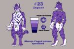 23 caged chastity_(disambiguation) collar english_text felid jaguar mammal model_sheet nude pantherine purple text