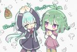  2girls :d ^_^ ahoge antenna_hair aqua_hair arms_up black_dress black_jacket black_skirt blue_hair blunt_bangs blush braid bread buttons character_request chibi closed_eyes closed_mouth collared_shirt cropped_jacket cross_tie dot_nose dress food green_hair grey_background hair_between_eyes hands_up high-waist_skirt highres jacket layered_sleeves long_hair long_sleeves looking_at_another low_twintails magia_record:_mahou_shoujo_madoka_magica_gaiden mahou_shoujo_madoka_magica medium_hair miniskirt multiple_girls neck_ribbon necktie open_mouth outline own_hands_together pantyhose pink_eyes pleated_skirt purple_eyes purple_shirt purple_skirt red_necktie ribbon sailor_collar school_uniform serafuku shirt short_dress short_hair short_necktie short_over_long_sleeves short_sleeves side_braids sidelocks simple_background skirt smile sweat thighhighs twin_braids twintails umisanmoon v-shaped_eyebrows very_long_hair white_background white_outline white_shirt 