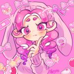  1girl absurdres bandaid bow cake candy closed_mouth commentary drill_hair english_text eyelashes finger_to_own_chin food heart highres lollipop long_hair medal octoling octoling_girl payayo884 pink_background pink_bow pink_eyes pink_hair pink_headwear pink_shirt shirt signature splatoon_(series) star_(symbol) strawberry_shortcake symbol-only_commentary twin_drills upper_body 