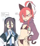  2girls absurdres ahoge alternate_costume animal_ears aris_(blue_archive) bikini black_bikini black_gloves black_hair blue_archive blue_necktie blush braid cat_ears cat_tail clenched_teeth closed_eyes coat cocomayo29_(tomato) collared_shirt fake_animal_ears fake_tail fingerless_gloves flat_chest frown gloves groin hairband halo hands_on_own_hips highres korean_text long_hair long_sleeves mole mole_under_eye multiple_girls navel necktie neru_(blue_archive) notice_lines red_hair shirt shrug_(clothing) single_braid smile speech_bubble string_bikini swimsuit tail teeth translation_request v-shaped_eyebrows white_background white_coat white_shirt 