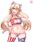  ;d adapted_costume alternate_eye_color american_flag american_flag_legwear american_flag_panties american_flag_print animal_ears ass ass_visible_through_thighs bare_shoulders blonde_hair blush bra breasts cat_cutout cat_ear_panties cat_ears cat_lingerie cat_tail cleavage_cutout collarbone cowboy_shot dated flag_print frilled_bra frills grey_eyes hair_between_eyes hand_on_hip hand_on_own_head highres iowa_(kantai_collection) kanon_(kurogane_knights) kantai_collection large_breasts long_hair looking_at_viewer meme_attire navel one_eye_closed open_mouth panties print_bra print_legwear print_panties side-tie_panties simple_background smile solo star star-shaped_pupils star_print stomach striped striped_legwear symbol-shaped_pupils tail thigh_gap thighhighs thighs underwear underwear_only vertical-striped_legwear vertical_stripes white_background 