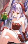  1girl absurdres ahoge apurikotto_(o_ekaki_aka) braid braided_bangs breasts christmas_present crossed_legs demon_horns fur-trimmed_skirt fur-trimmed_tube_top fur_trim gift gloves grey_hair highres hololive horns la+_darknesss long_hair looking_at_viewer multicolored_hair open_mouth pointy_ears purple_hair red_gloves red_skirt red_tube_top santa_costume sidelocks single_braid skirt small_breasts solo strapless streaked_hair tube_top very_long_hair virtual_youtuber yellow_eyes 