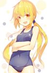  :d blonde_hair blush collarbone crossed_arms kantai_collection long_hair looking_at_viewer meth_(emethmeth) one-piece_swimsuit open_mouth satsuki_(kantai_collection) school_swimsuit simple_background smile solo swimsuit teeth twintails yellow_eyes 