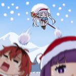  1boy 2girls blue_scarf blurry blurry_foreground brown_footwear chibi closed_eyes closed_mouth coat commentary crying elf english_commentary fern_(sousou_no_frieren) floating frieren fur-trimmed_headwear fur_trim grey_hair hat highres holding holding_staff long_hair mage_staff motion_blur mountain multicolored_hair multiple_girls open_mouth outdoors pointy_ears purple_eyes purple_hair purple_pupils raised_eyebrow red_hair red_headwear santa_hat scarf shura_(shura_cs) snowball sousou_no_frieren staff stark_(sousou_no_frieren) sweatdrop tears twintails two-tone_hair very_long_hair white_coat winter_clothes 