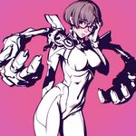  adjusting_hair blush bob_cut bodysuit brown_hair glasses ilya_kuvshinov looking_to_the_side mechanical_arms multiple_arms navel pink_background prosthesis prosthetic_arm short_hair solo 