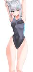  1girl absurdres animal_ears armpits arms_up bad_anatomy bare_arms bare_legs bare_shoulders black_one-piece_swimsuit blue_archive blue_eyes blush closed_mouth competition_swimsuit cross_hair_ornament feet_out_of_frame grey_hair hair_ornament highres isocha medium_hair official_alternate_costume one-piece_swimsuit one_eye_closed shiroko_(blue_archive) shiroko_(swimsuit)_(blue_archive) simple_background solo swimsuit white_background wolf_ears 