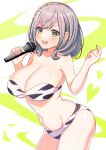  1girl animal_print arched_back arms_up bikini blush braid breasts cleavage cow_print french_braid fur_bikini furrowed_brow green_eyes grey_hair heart holding holding_microphone hololive large_breasts medium_hair microphone mole mole_on_breast open_mouth shirogane_noel solo sweatdrop swimsuit thighs torinokawori 