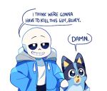  1boy 1girl blue_jacket bluey bluey_(bluey) bright_pupils commentary crossover english_commentary english_text furry furry_female hood hooded_jacket i_think_we&#039;re_gonna_have_to_kill_this_guy_steven_(meme) jacket meme open_mouth sans simple_background skeleton sleepy_cheeky smile speech_bubble standing undertale white_background white_pupils 