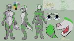 akumma anthro blue_eyes butt canid canine canis collar color_swatch fangs fur green_body green_fur grey_body grey_fur hi_res male mammal model_sheet open_mouth pawpads paws pink_nose silas_the_wolf smile solo striped_body striped_fur stripes tail teeth turnaround wolf