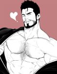  1boy abs bad_id bad_pixiv_id bara bare_pectorals beard bleach chest_hair come_hither facial_hair full_beard greyscale_with_colored_background heart japanese_clothes kimono kurosaki_isshin large_pectorals looking_at_viewer mabataki male_focus mature_male muscular muscular_male mutton_chops nipples one_eye_closed pectorals sanpaku seductive_smile short_hair smile solo sparse_chest_hair spiked_hair stubble thick_eyebrows tsurime undressing upper_body wink_heart 