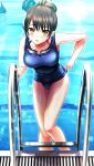  1girl adjusting_clothes adjusting_swimsuit bare_arms bare_legs black_hair blue_one-piece_swimsuit blush breasts brown_eyes collarbone doukyuusei_another_world game_cg hair_between_eyes leaning_forward looking_at_viewer medium_breasts official_art one-piece_swimsuit open_mouth pool_ladder school_swimsuit solo_focus swimsuit todo_aoi updo 