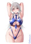  1girl ahoge armpits arms_behind_head arms_up between_breasts bikini blue_bikini blush breasts cleavage commentary_request cowboy_shot detached_collar ebifurya grey_eyes grey_hair hair_between_eyes highres kantai_collection large_breasts long_hair looking_at_viewer navel necktie necktie_between_breasts skindentation solo stomach swimsuit thighs twitter_username washington_(kancolle) white_background 