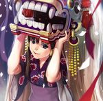  animal_costume blue_eyes brown_hair collarbone dragon_costume hair_tubes lalamay lion_dance lipstick long_hair makeup mask original smile solo traditional_clothes wide_sleeves 
