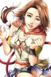  breasts brown_hair cleavage final_fantasy final_fantasy_x final_fantasy_x-2 heterochromia highres hiromyan looking_at_viewer medium_breasts simple_background solo white_background yuna_(ff10) 