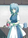  apron bad_id bad_nicoseiga_id banned_artist black_eyes blank_eyes blue_dress bottle bow braid cable closed_mouth coffee_mug collared_shirt commentary_request cup dress eyebrows eyebrows_visible_through_hair green_bow hair_bow half-closed_eyes holding holding_cup indoors izayoi_sakuya looking_at_viewer maid maid_apron maid_headdress mug okahi package shaded_face shelf shirt short_hair short_sleeves silver_hair smile solo spoon steam sweatband touhou twin_braids waist_apron white_apron wing_collar 