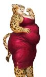 2023 anthro belly big_belly bloated breasts cettus cleavage clothed clothing dress felid female fur hi_res ilse_lemaire jaguar jewelry mammal necklace obese obese_anthro obese_female overweight overweight_anthro overweight_female pantherine side_view simple_background solo spots spotted_body spotted_fur standing tail white_background yellow_body yellow_fur