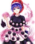  absurdres bad_id bad_pixiv_id blob blue_eyes blue_hair book capelet cowboy_shot doremy_sweet dream_soul dress hat highres looking_at_viewer nightcap pom_pom_(clothes) red_hat sheya short_hair simple_background smile solo tail tapir_tail touhou white_background 
