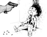  2boys absurdres bb_(baalbuddy) blood blood_on_clothes blood_splatter boku_no_hero_academia collared_shirt greyscale gun gunshot_wound handgun highres holding holding_gun holding_weapon mineta_minoru monochrome multiple_boys necktie pants shirt simple_background smoke smoking_gun weapon white_background 