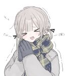  &gt;_&lt; 1girl blush closed_eyes coat fang gloves grey_hair long_hair long_sleeves open_mouth original own_hands_together plaid plaid_scarf scarf smile solo translation_request trembling twintails upper_body uzu_(uzu_xon) 