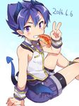  bad_id bad_pixiv_id bike_shorts blue_hair blush commentary_request croissant dated demon_boy demon_tail demon_wings food food_in_mouth horns male_focus mini_wings mouth_hold pointy_ears pop-up_story purple_eyes smile solo st._feles_gakuen_uniform tail utsunomiya_hetaru v wings ziz_glover 