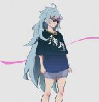  1girl black_shirt chain_necklace closed_mouth deal_with_it_(meme) feet_out_of_frame girls&#039;_frontline_neural_cloud gradient_shirt grey_background grey_hair grey_shorts hair_bobbles hair_ornament highres jewelry kuro_(neural_cloud) long_hair looking_at_viewer meme multicolored_hair necklace pink_eyes pink_hair postalworks shirt shorts simple_background smile solo standing streaked_hair 