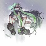  1girl agent_3_(splatoon) black_cape black_footwear black_jacket black_shorts cape character_name closed_mouth commentary_request full_body green_hair headphones highres inkling inkling_girl jacket long_hair shoes shorts sitting solo splatoon_(series) splatoon_2 splatoon_2:_octo_expansion thenintlichen96 