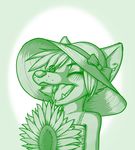  anthro blush bow canine clothed clothing fangs female fennec floppy_hat flower fox fur hair kiwiroo mammal open_mouth plant short_hair simple_background smile solo soraya_elcar sundress sunflower teeth tongue young 