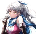  1girl bandages bare_shoulders black_gloves blue_ribbon blush breasts chest_sarashi cleavage commentary_request elbow_gloves fire_emblem fire_emblem:_radiant_dawn fire_emblem_heroes gloves hair_ribbon hand_up highres holding holding_weapon japanese_clothes kimono long_hair looking_at_viewer micaiah_(fire_emblem) official_alternate_costume pink_kimono ponytail ribbon sarashi shuriken sleeveless sleeveless_kimono smile solo upper_body very_long_hair weapon white_hair yellow_eyes yozu_(yozu0420) 