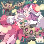  1girl :d acerola_(pokemon) alternate_costume blue_eyes box christmas christmas_lights commentary_request dress eyelashes gift gift_box green_background hands_up happy hat highres holding holding_sack holly minior off-shoulder_dress off_shoulder open_mouth outline phantump pokemon pokemon_(creature) pokemon_sm purple_hair sack santa_hat smile sutokame tongue watermark wrist_cuffs 