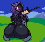 animated anthro big_breasts big_butt biped bouncing_butt breasts butt clothed clothing female fur gun headgear headwear hi_res holding_gun holding_object holding_weapon huge_butt looking_back nebssik outside ranged_weapon raven_team_leader short_playtime smile weapon