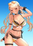  1girl absurdres arm_strap bikini black_bikini black_choker black_ribbon black_scrunchie blonde_hair breasts choker contrapposto dark-skinned_female dark_skin earrings eyewear_on_head gradient_background grin hair_ornament hair_ribbon haruo860 highres jewelry kaminari_qpi kaminari_qpi_(summer_c102) large_breasts layered_bikini lightning_bolt_piercing long_hair looking_at_viewer multi-strapped_bikini_bottom multicolored_bikini multicolored_clothes navel o-ring o-ring_bikini o-ring_top orange_eyes ribbon scrunchie side-tie_bikini_bottom smile solo stomach sunglasses swimsuit thigh_strap twintails very_long_hair virtual_youtuber vspo! waist_ribbon white_bikini wrist_scrunchie x_hair_ornament yellow_bikini 