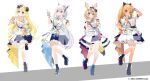  4girls animal_ears arm_up black_footwear blonde_hair blue_bow boots borumete bow dark-skinned_female dark_skin fox_ears fox_girl green_eyes hair_bow hair_ornament hairclip heart heart_hands highres hololive horns index_finger_raised multicolored_hair multiple_girls omaru_polka pink_hair ponytail purple_eyes red_nails salute sheep_ears sheep_girl sheep_horns shirakami_fubuki shiranui_flare streaked_hair tsunomaki_watame virtual_youtuber white_hair 